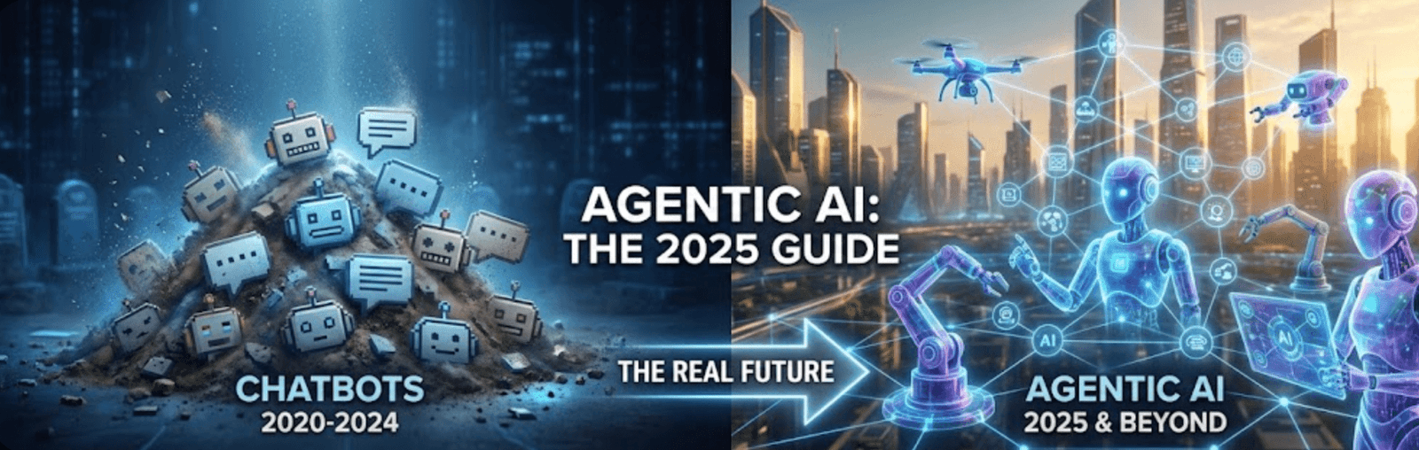 Split-screen comparison illustration: On the left, a pile of obsolete, grey robot heads representing reactive chatbots from 2020-2024. On the right, futuristic, glowing autonomous AI agents connecting complex workflows and city infrastructures, symbolizing the rise of Agentic AI in 2025.